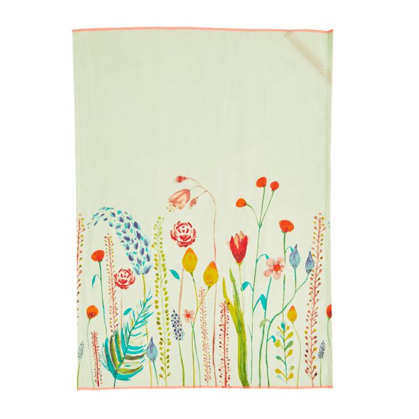 Rice: Katoenen theedoek - Sage Green - Summer Flowers Print