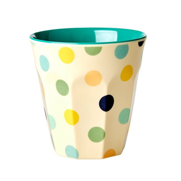 Rice: Medium Melamine Cup - Cream - Dots Print Green