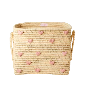 RICE: Vierkant raffia mand - Hartjes licht roze BSRAT-30HEAI