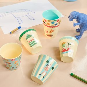 Rice: Set van 6 kleine melamine bekers - Fun Fair print | Blauw MELCU-6ZSFUFAMI