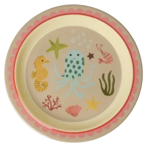 Rice: Rond melamine kinderbord - Ocean Print Koraal KILPL-OCEI