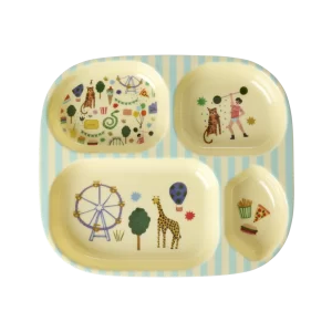 RICE: Melamine 4 vaks kinderbord - Fun Fair Print Mint KIPL4-FUFAMI