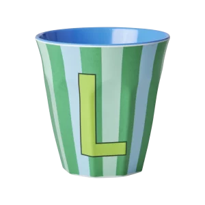Rice: Medium melamine beker - Alfabet - L Blauw Streep MELCU-ALPSTRLB