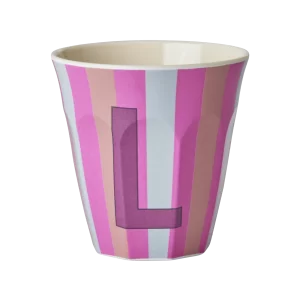 Rice: Medium melamine beker - Alfabet - L Roze Streep MELCU-ALPSTRLI