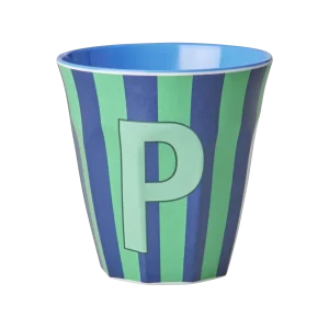 Rice: Medium melamine beker - Alfabet - P Blauw Streep MELCU-ALPSTRPB