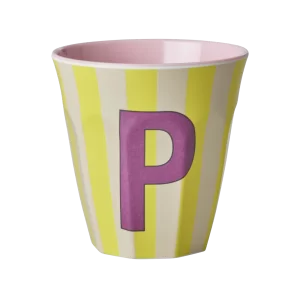 Rice: Medium melamine beker - Alfabet - P Roze Streep MELCU-ALPSTRPI