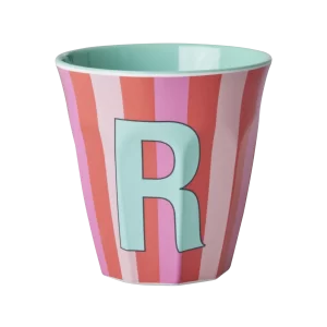 Rice: Medium melamine beker - Alfabet - R Roze Streep MELCU-ALPSTRRI