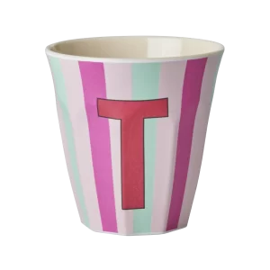 Rice: Medium melamine beker - Alfabet - T Roze Streep MELCU-ALPSTRTI