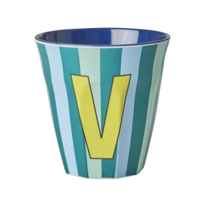 Rice: Medium melamine beker - Alfabet - V Blauw Streep MELCU-ALPSTRVB