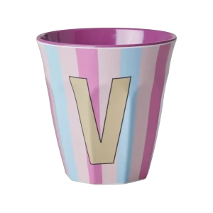 Rice: Medium melamine beker - Alfabet - V Roze Streep MELCU-ALPSTRVI