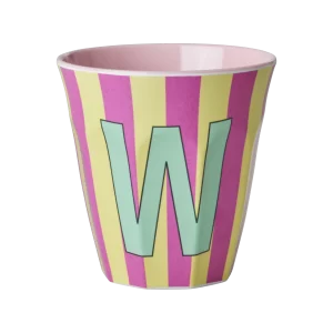 Rice: Medium melamine beker - Alfabet - W Roze Streep MELCU-ALPSTRWI