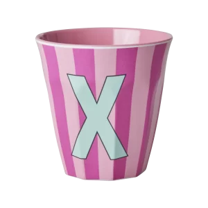 Rice: Medium melamine beker - Alfabet - X Roze Streep MELCU-ALPSTRXI