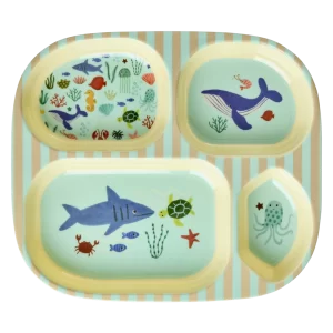 RICE: Melamine 4 vaks kinderbord - Ocean Print Blauw KIPL4-OCEB