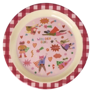 Rice: Rond melamine kinderbord | Hero print | Roze KILPL-HEROI