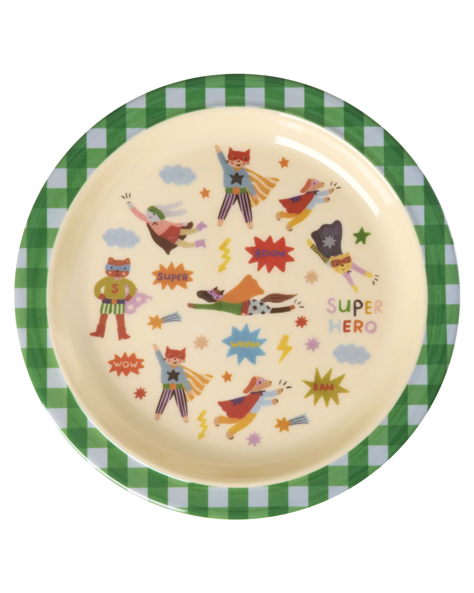 Rice: Rond melamine kinderbord | Hero print | Groen KILPL-HERO Rice: Rond melamine kinderbord | Hero print | Groen KILPL-HERO