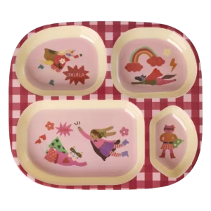 RICE: Melamine 4 vaks kinderbord | Hero print | Roze KIPL4-HEROI