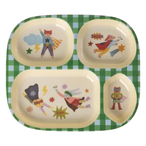 RICE: Melamine 4 vaks kinderbord | Hero print | Groen KIPL4-HERO