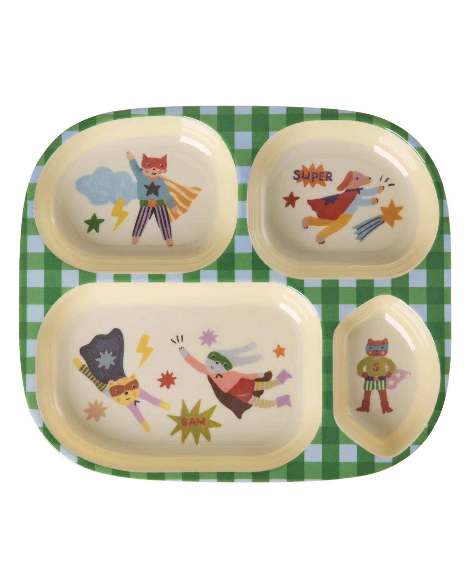RICE: Melamine 4 vaks kinderbord | Hero print | Groen KIPL4-HERO RICE: Melamine 4 vaks kinderbord | Hero print | Groen KIPL4-HERO