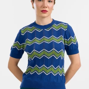 LaLamour: Knitwear top met ronde hals en korte mouwen | Zigzag blauw
